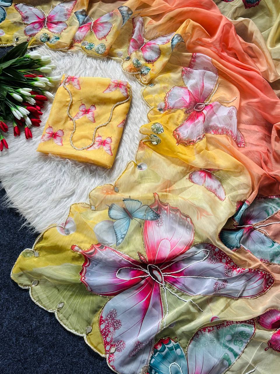Sunshine bloom butterfly soft tabby saree with 3d digital print mirror handwork