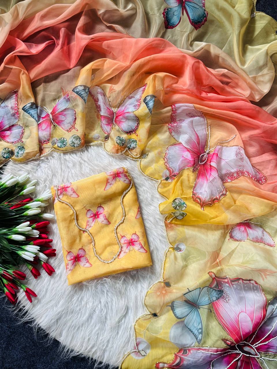Sunshine bloom butterfly soft tabby saree with 3d digital print mirror handwork