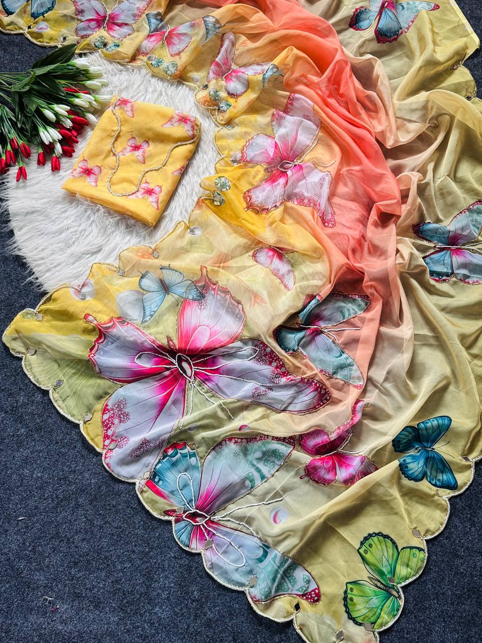 Sunshine bloom butterfly soft tabby saree with 3d digital print mirror handwork