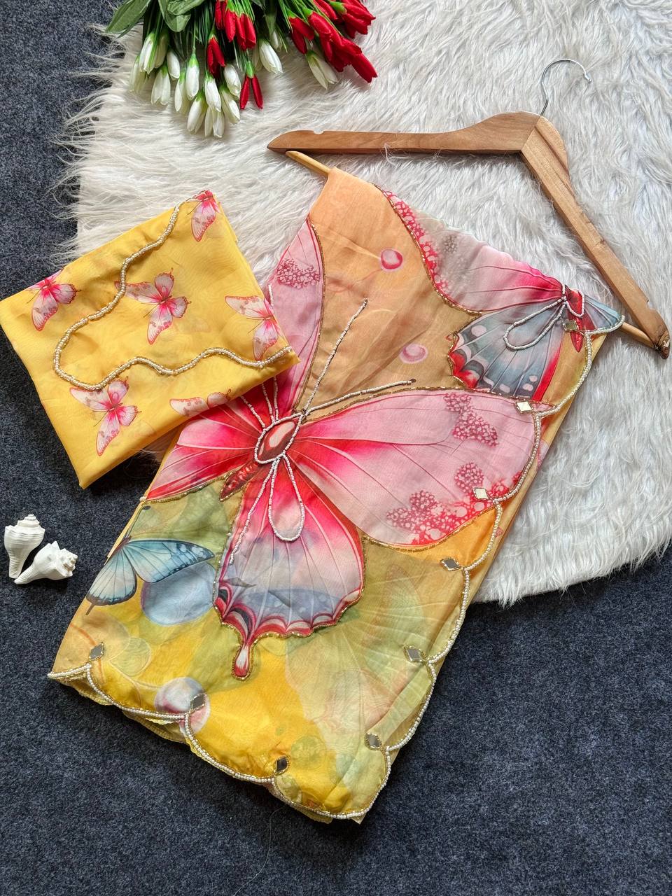 Sunshine bloom butterfly soft tabby saree with 3d digital print mirror handwork