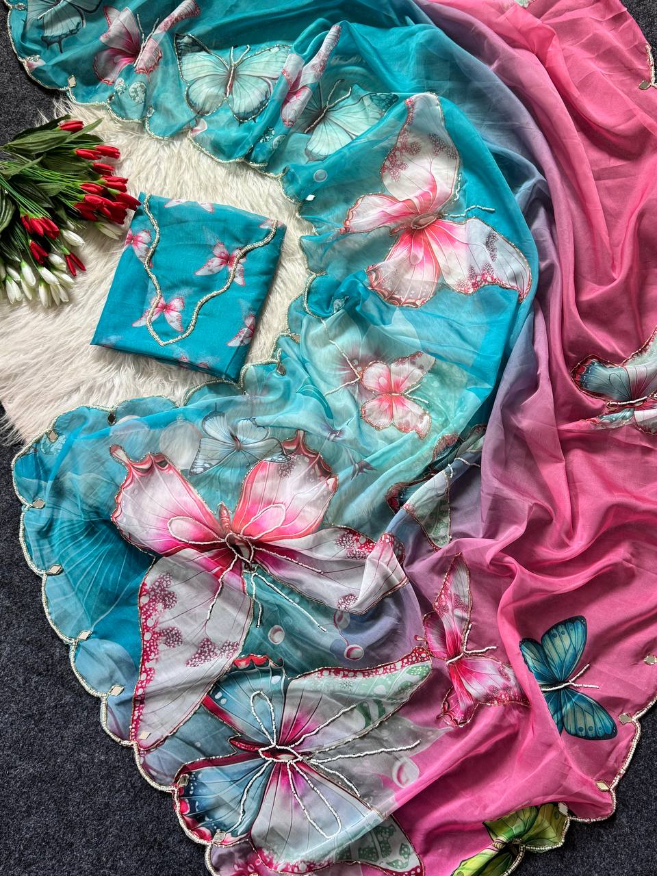 Pastel dream butterfly soft tabby saree with 3d digital print khatali handwork
