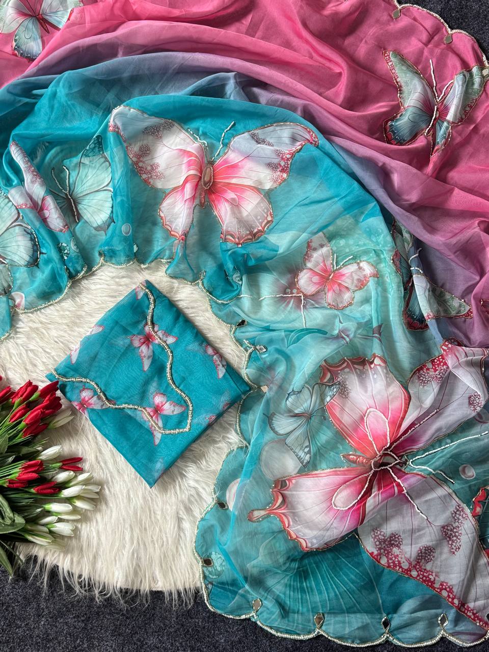 Pastel dream butterfly soft tabby saree with 3d digital print khatali handwork