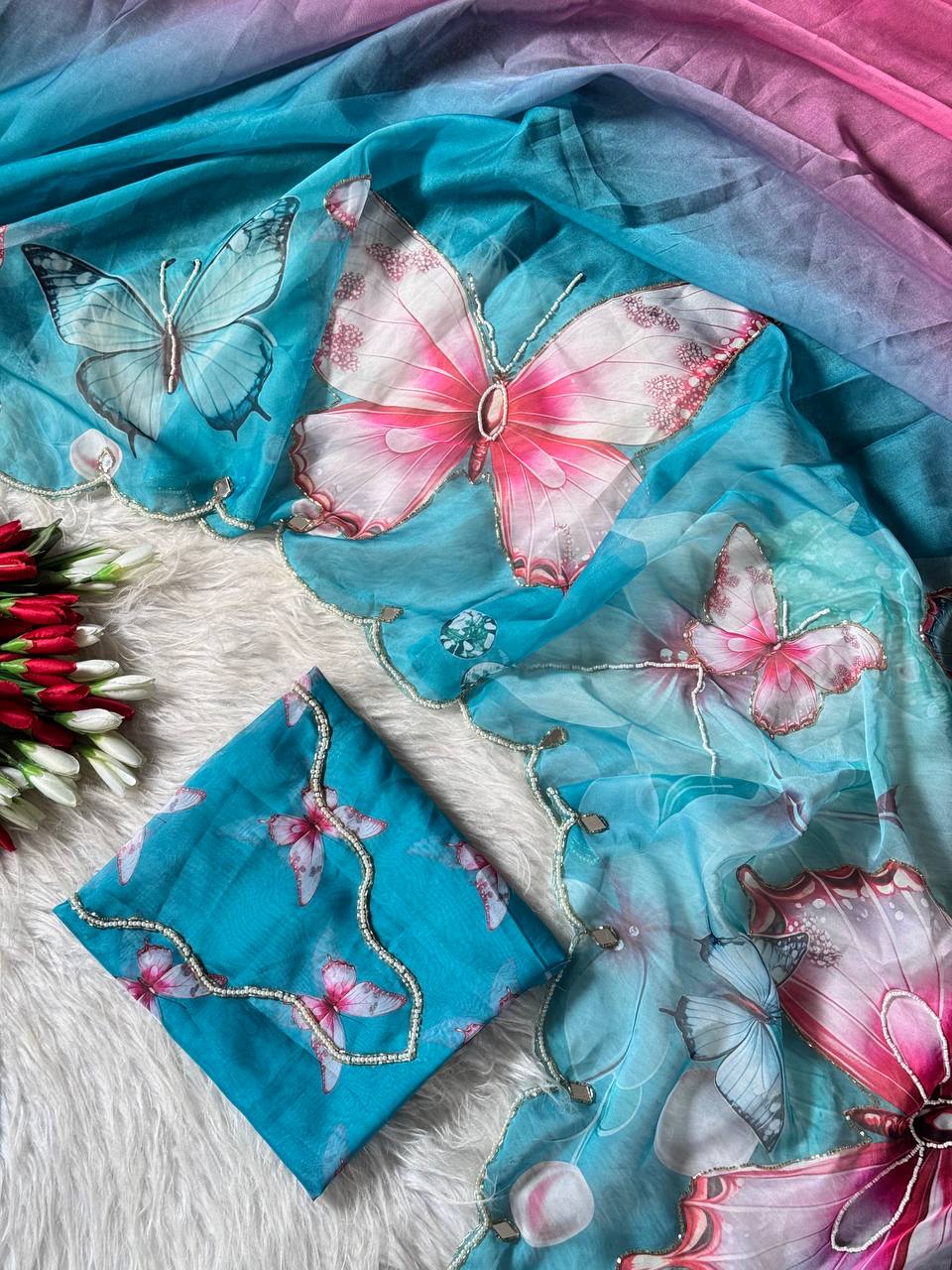 Pastel dream butterfly soft tabby saree with 3d digital print khatali handwork