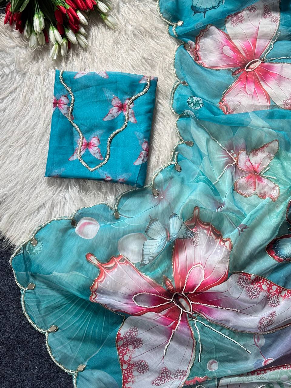 Pastel dream butterfly soft tabby saree with 3d digital print khatali handwork