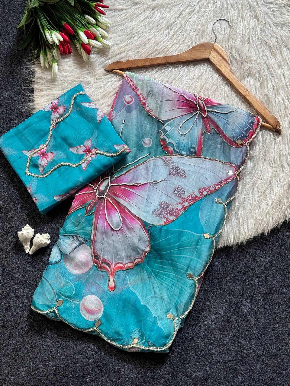 Pastel dream butterfly soft tabby saree with 3d digital print khatali handwork