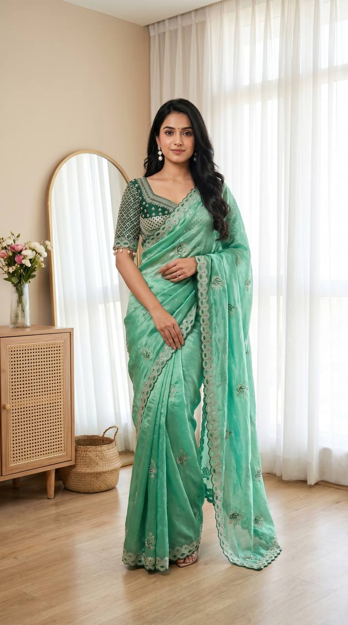 Mint green soft fandy satin saree with lotus embroidery ready made mirror work blouse mameraa