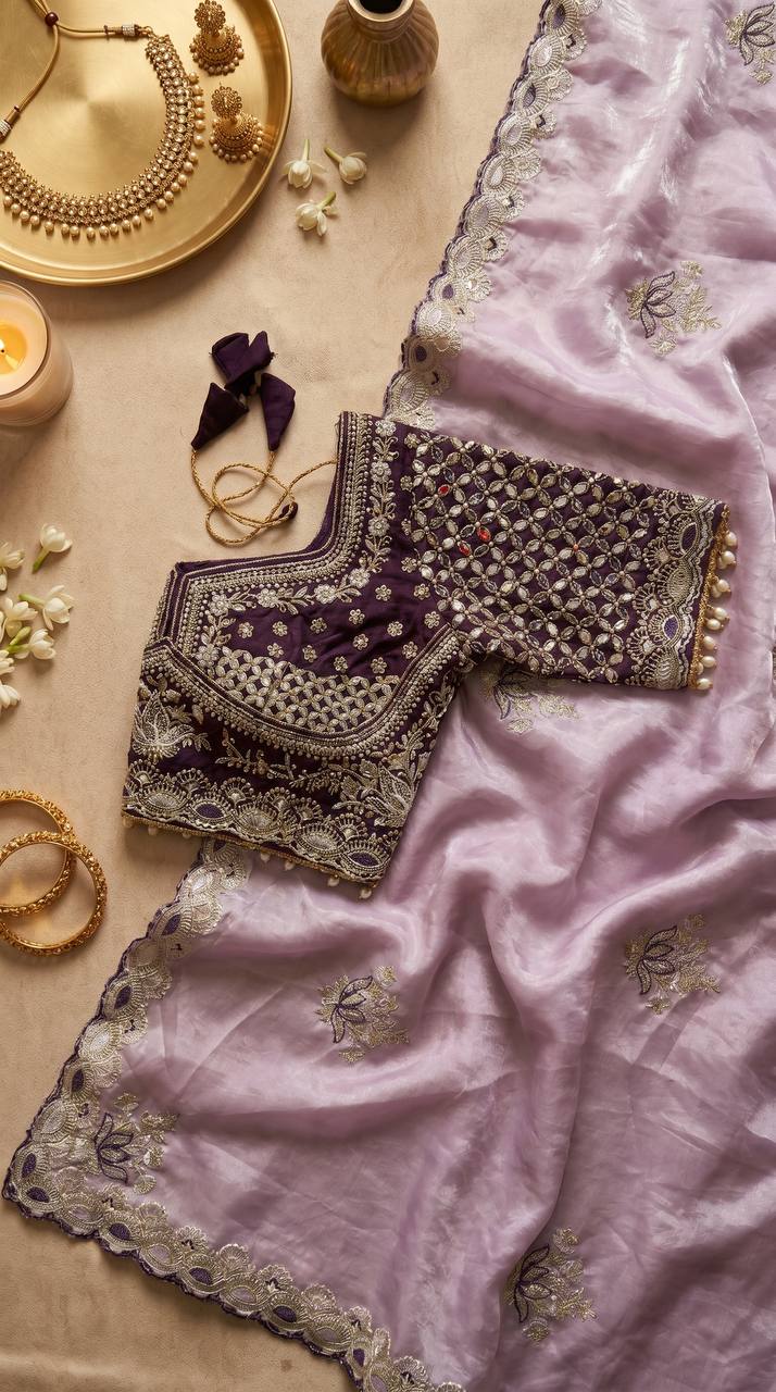 Lavender ready made mirror blouse with designer cut border saree