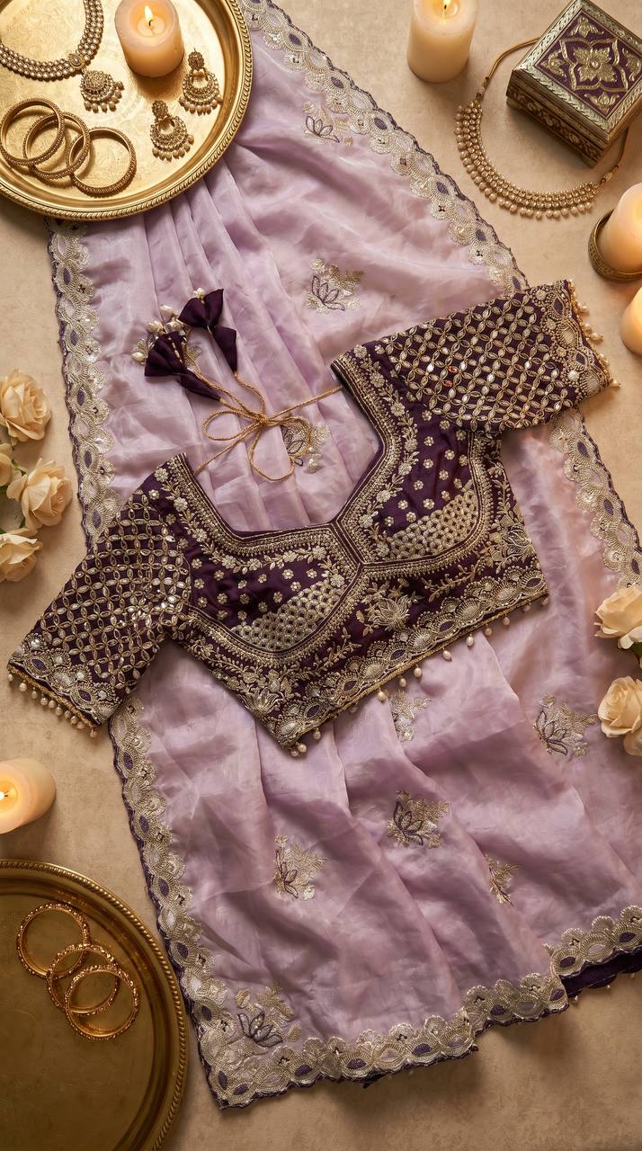 Lavender ready made mirror blouse with designer cut border saree