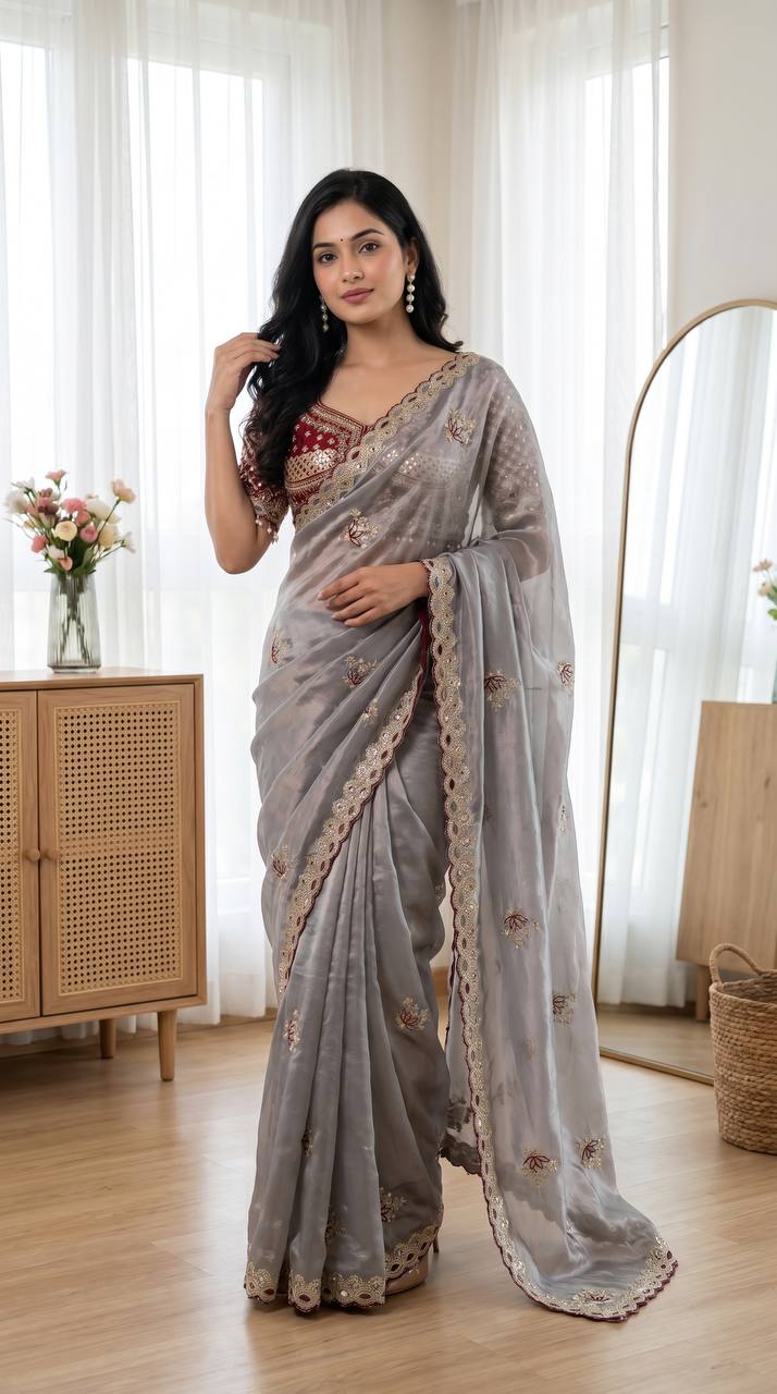 Trending grey party wear saree with mirror work blouse mameraa