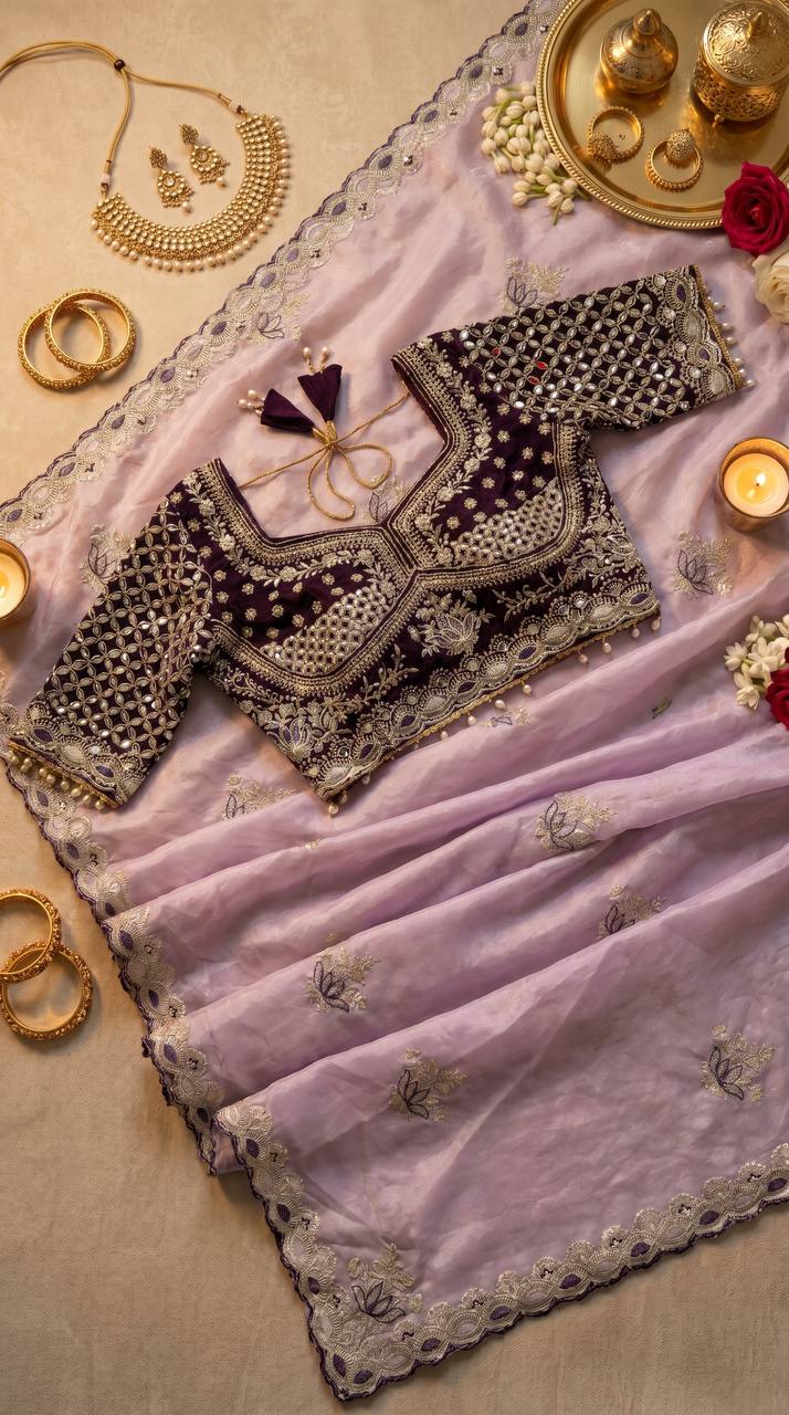 Lavender ready made mirror blouse with designer cut border saree