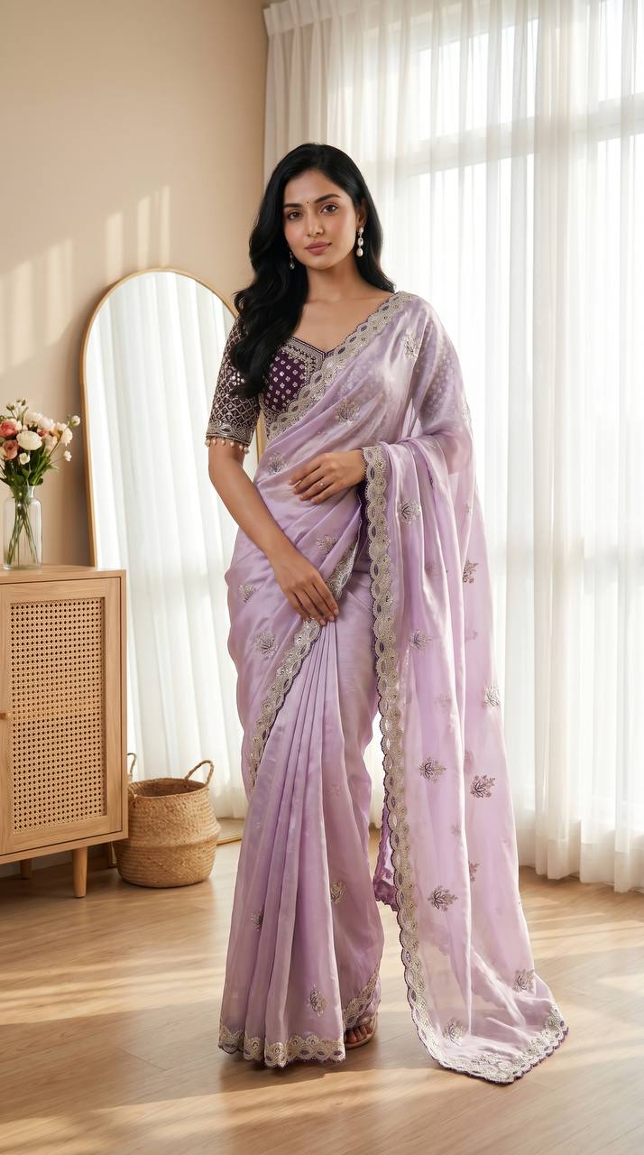 Lavender ready made mirror blouse with designer cut border saree mameraa