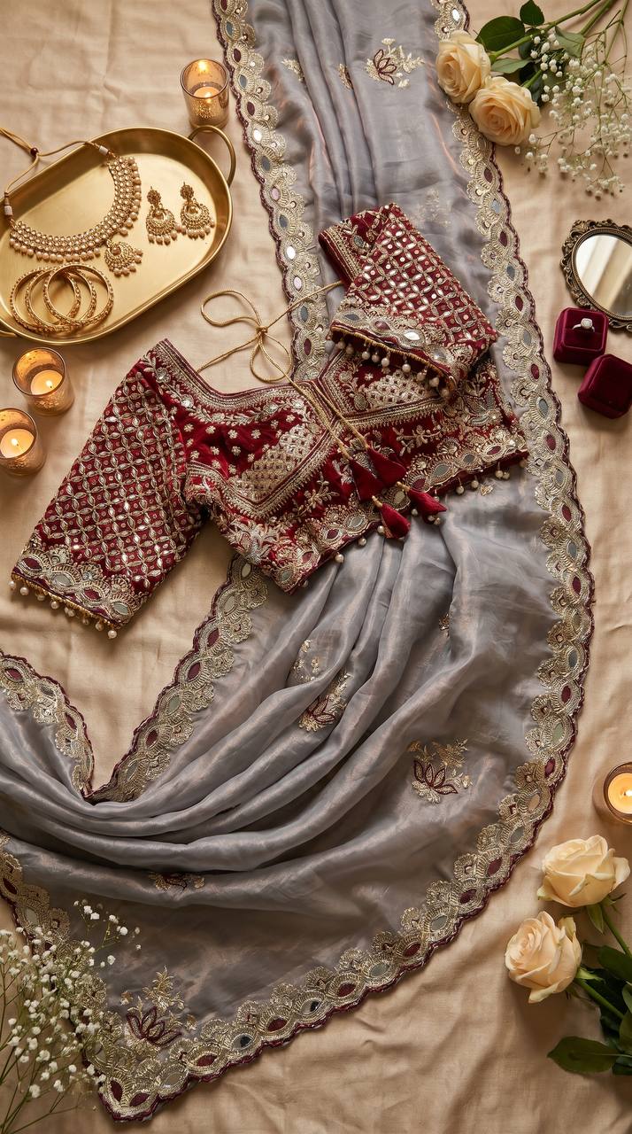 Trending grey party wear saree with mirror work blouse
