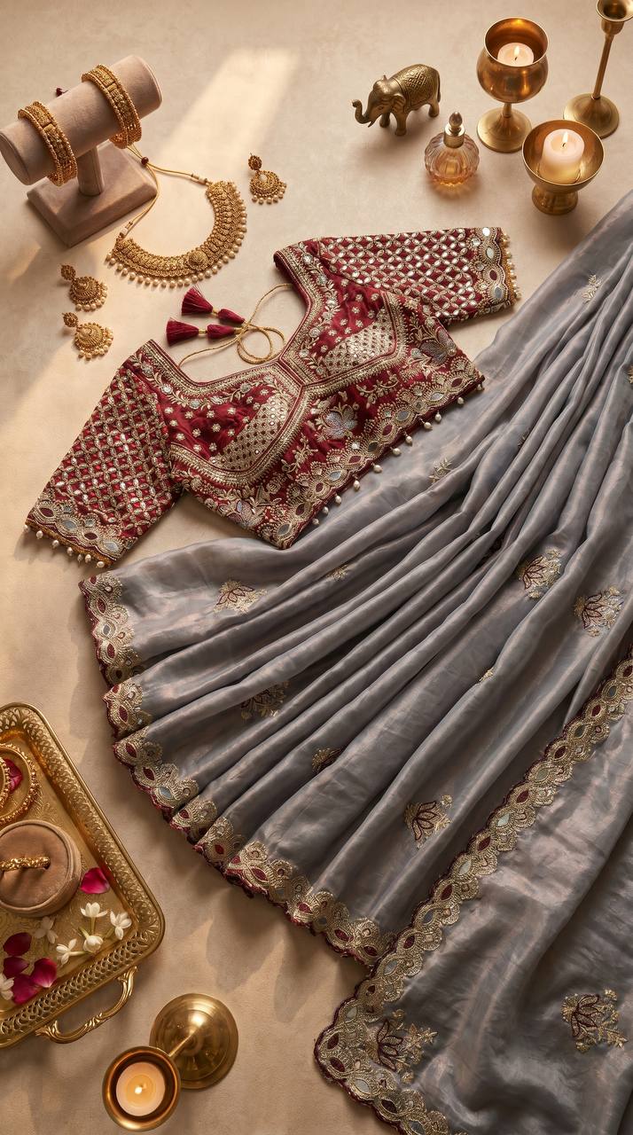 Trending grey party wear saree with mirror work blouse