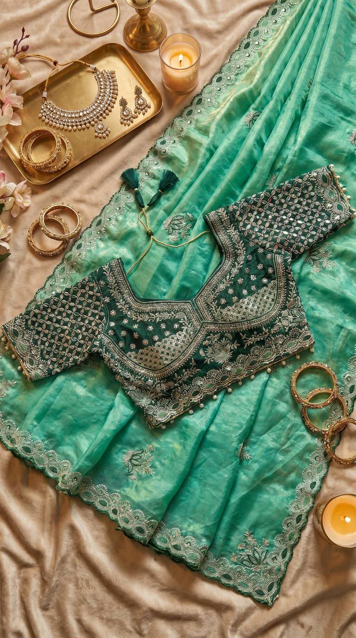 Mint green soft fandy satin saree with lotus embroidery ready made mirror work blouse