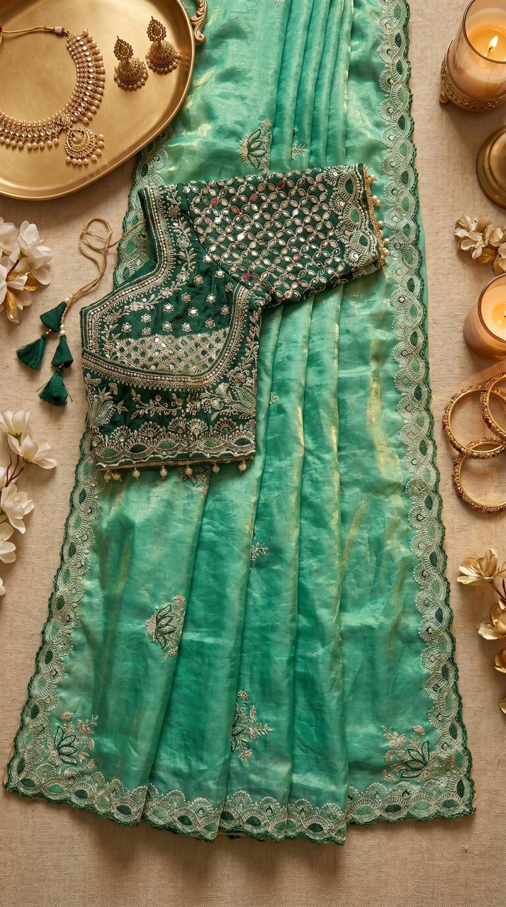 Mint green soft fandy satin saree with lotus embroidery ready made mirror work blouse