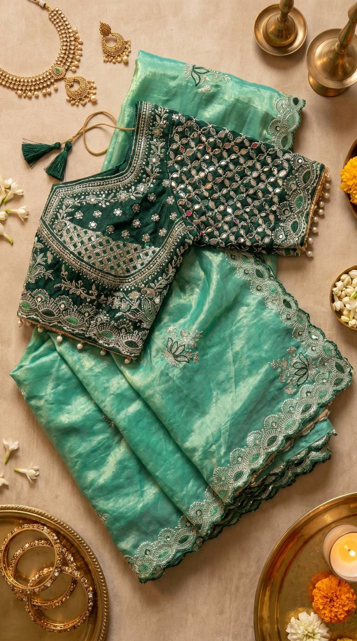 Mint green soft fandy satin saree with lotus embroidery ready made mirror work blouse