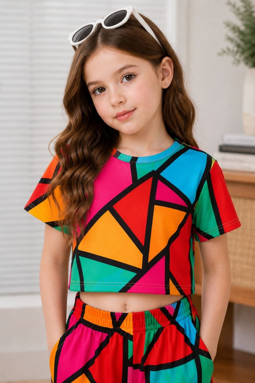 Girls Multicolor Geometric Printed Co-Ord Set