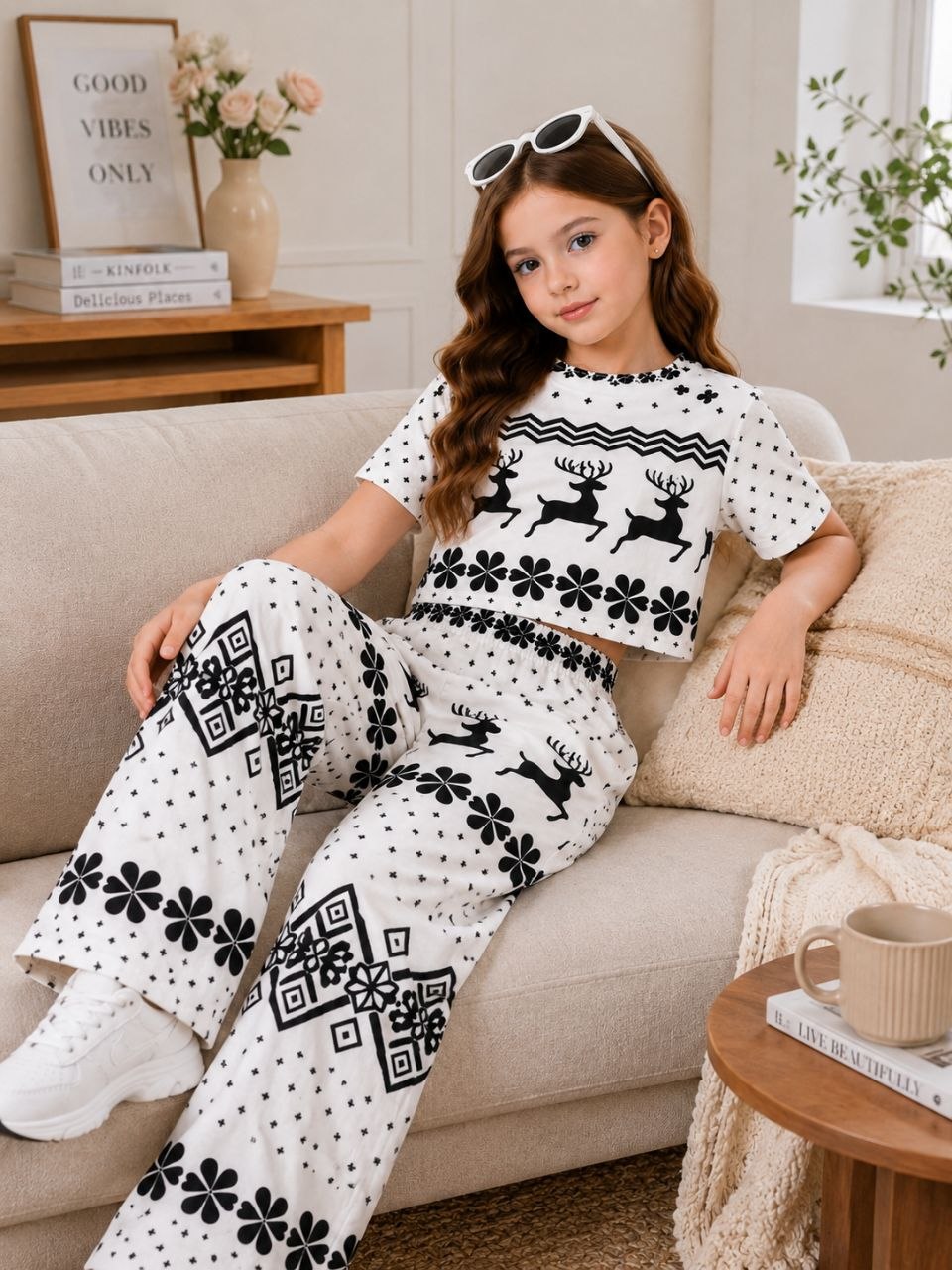Girls White & Black Printed Co-Ord Set