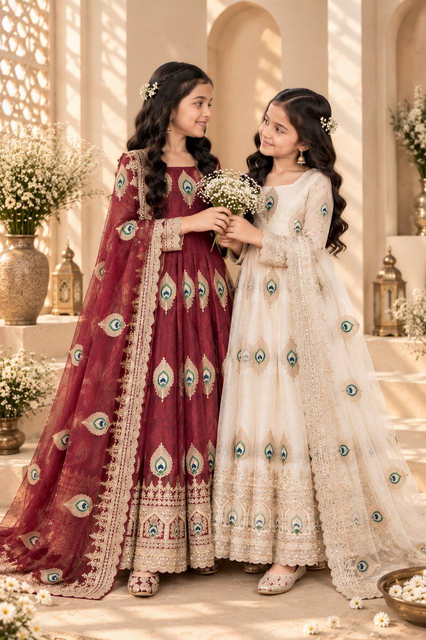Girls Cream Embroidered Anarkali Dress with Dupatta