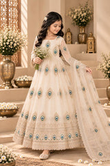 Girls Cream Embroidered Anarkali Dress with Dupatta