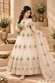 Girls Cream Embroidered Anarkali Dress with Dupatta