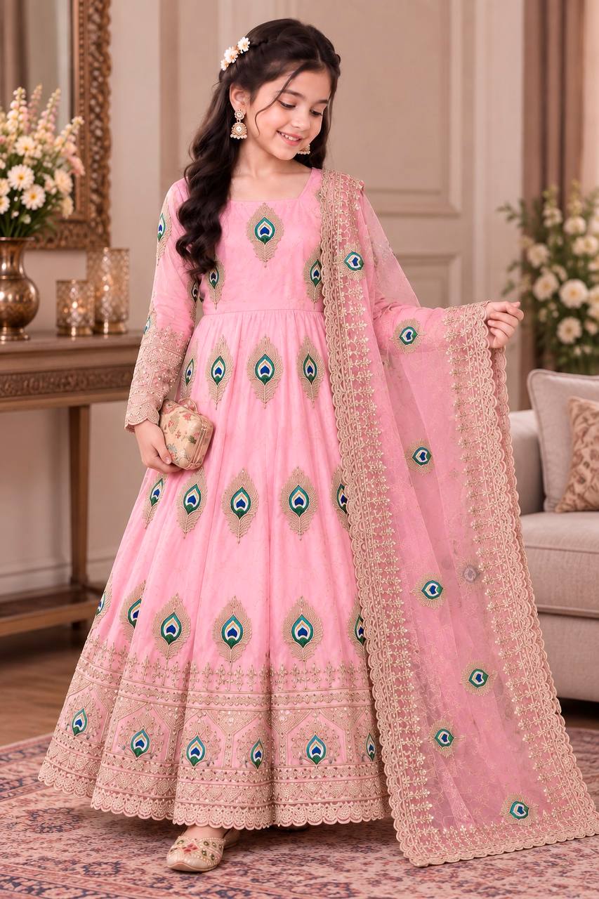 Girls Baby Pink Anarkali Dress with Dupatta