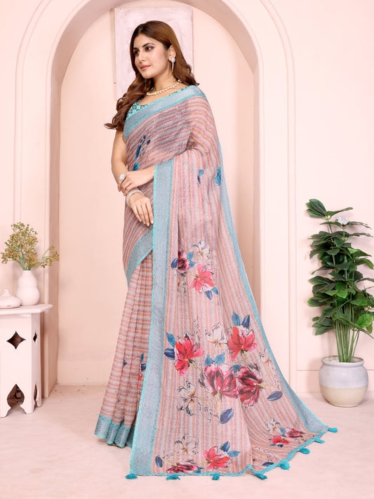 Premium Linen Cotton Floral Printed Saree with Aqua Blue Border