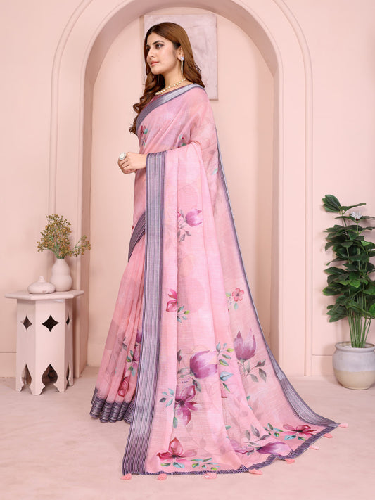 Premium Linen Cotton Floral Printed Saree with Elegant Pink Border