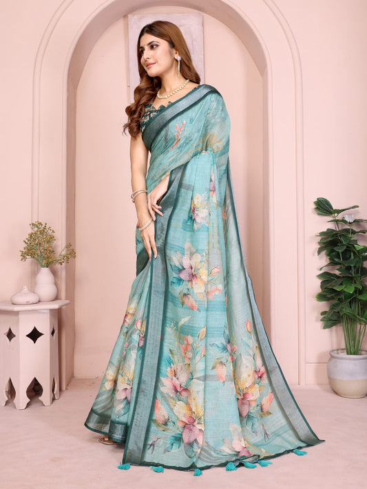 Premium Linen Cotton Floral Printed Saree with Elegant Teal Green Border