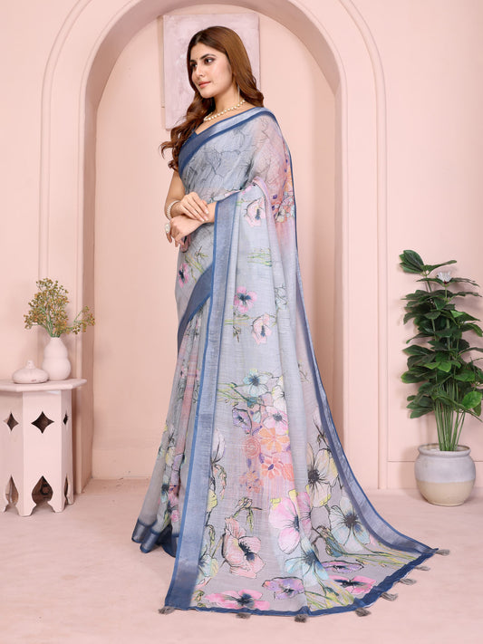 Premium Linen Cotton Floral Printed Saree with Elegant Blue Border