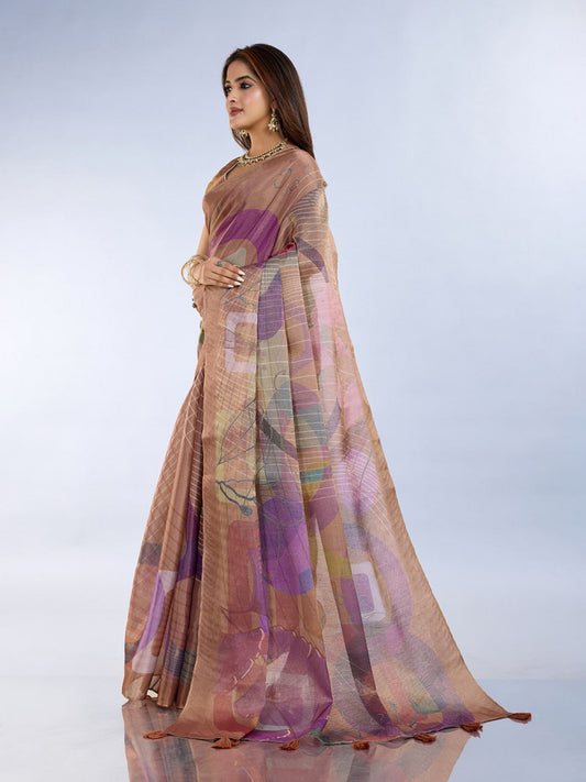 Premium Linen Cotton Abstract Printed Saree with Elegant Coffee Brown Border