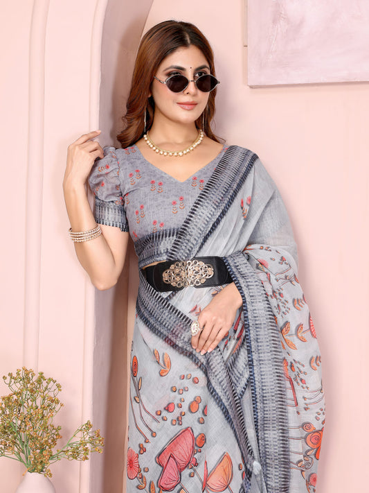 Premium Linen Cotton Floral Printed Saree with Elegant Grey Border
