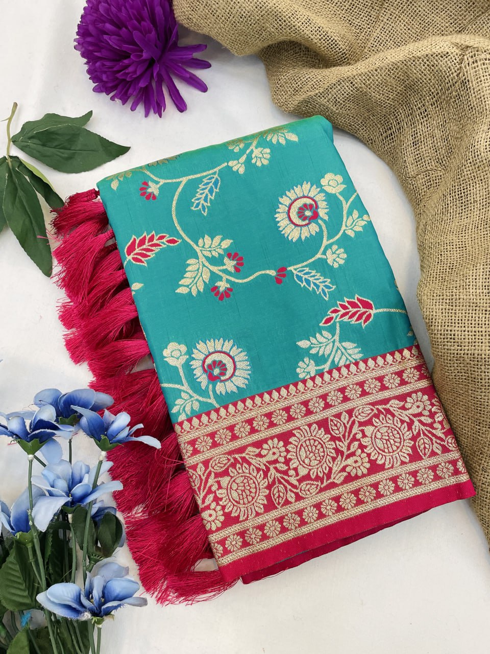 Graceful rama blue banarasi soft silk saree with zari work