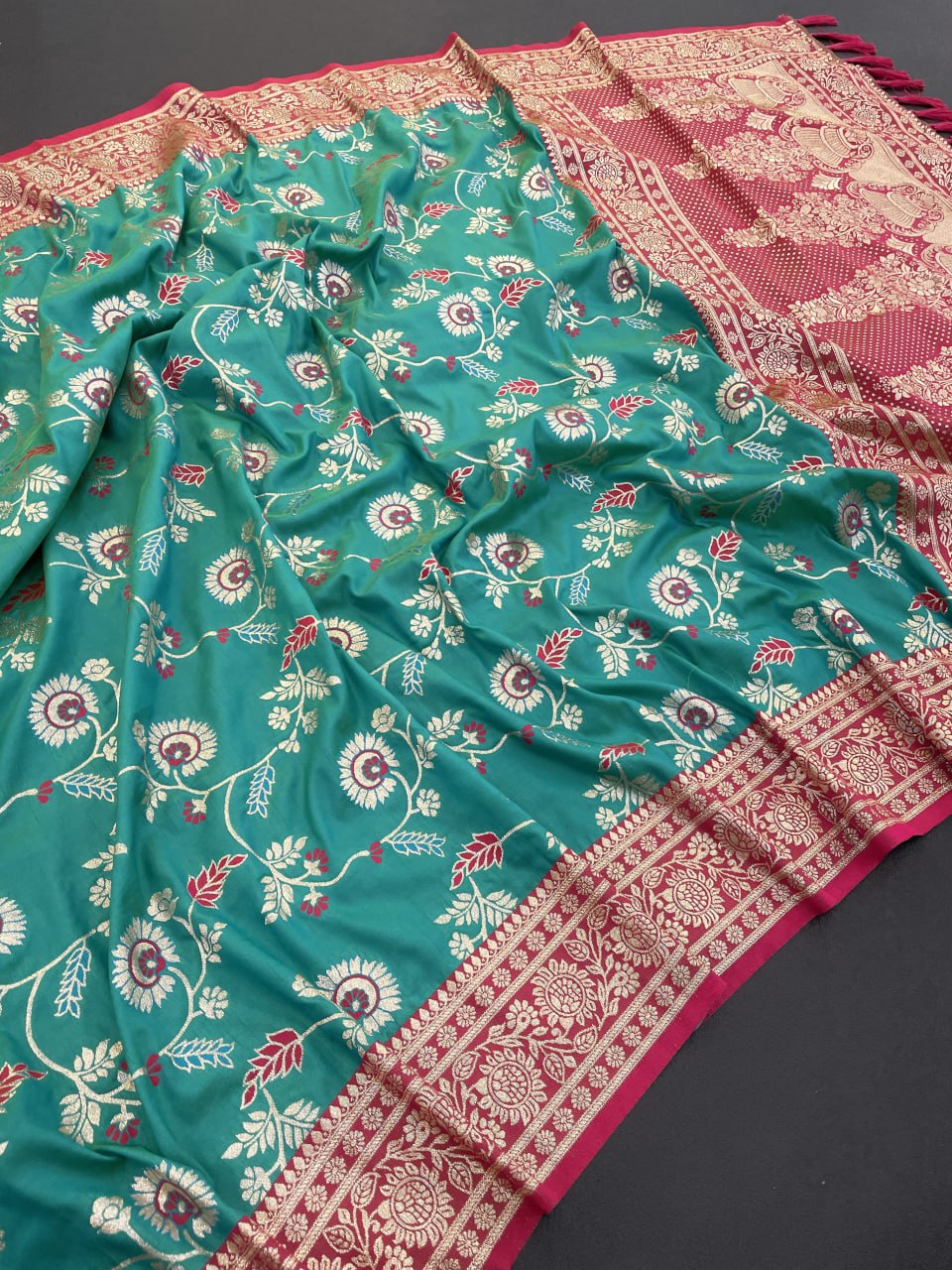Graceful rama blue banarasi soft silk saree with zari work