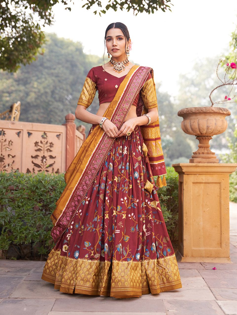 Lovely Maroon Tussar Silk Minakari Printed Lehenga Choli