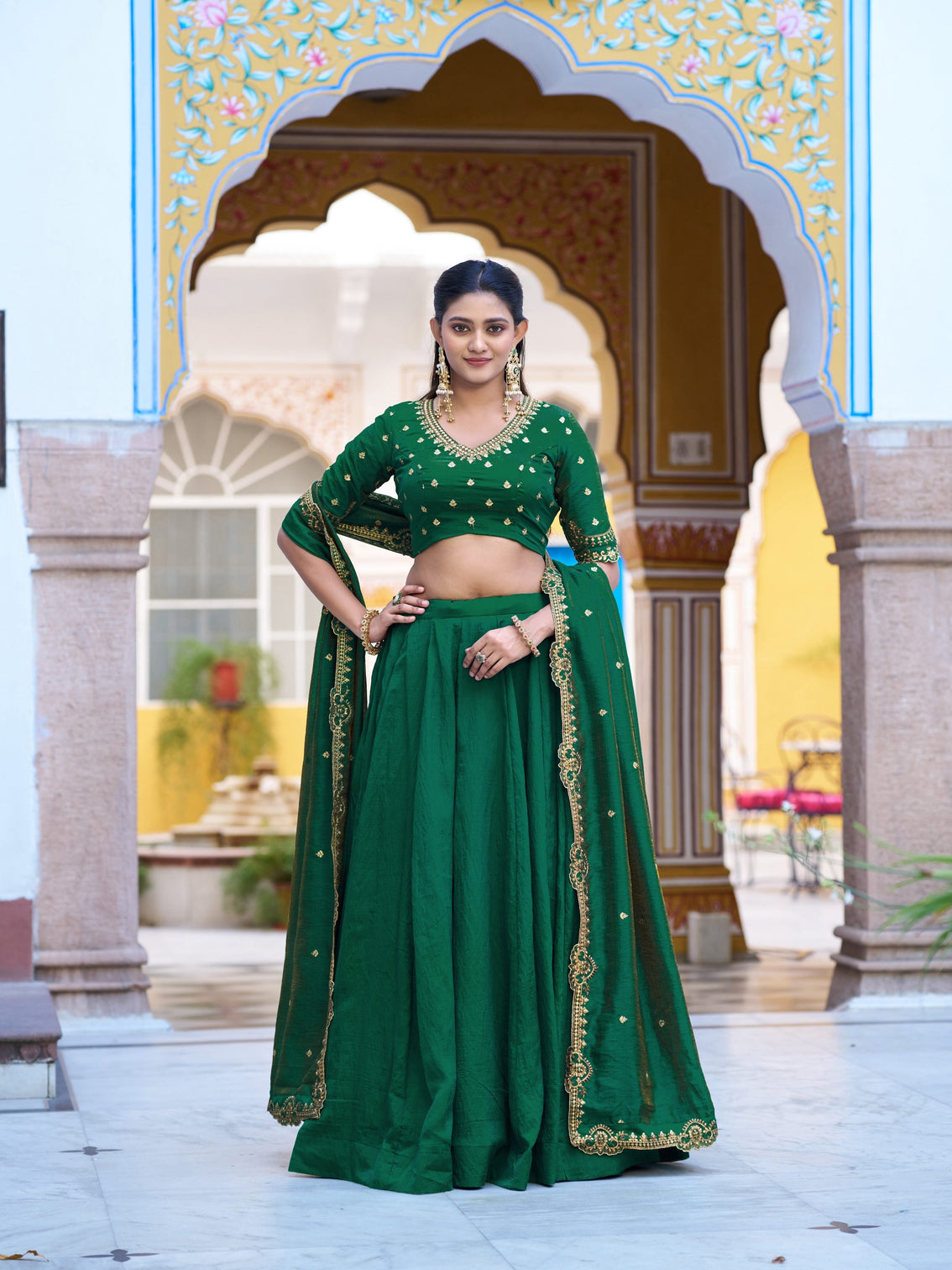 Plain with sequince and thread embroidery lehenga