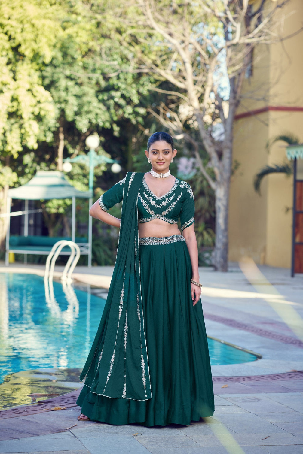 Pine Green Rangoli Crush Lehenga