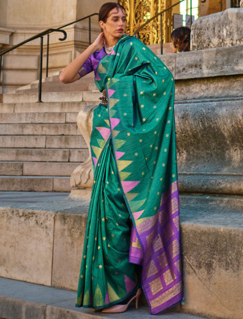 Pine Green Women's Banarasi Silk Blend Saree with Unstitched Blouse Piece