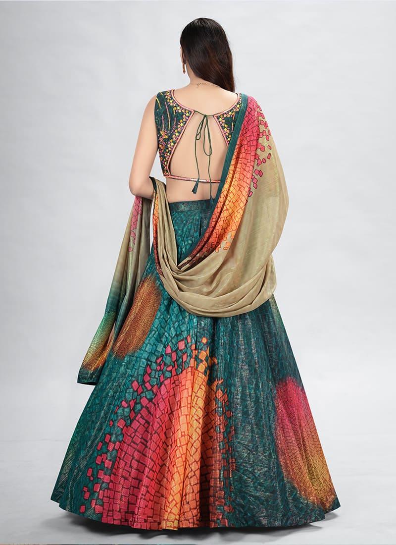 Pine Green Sleeveless Digital Print Lehenga