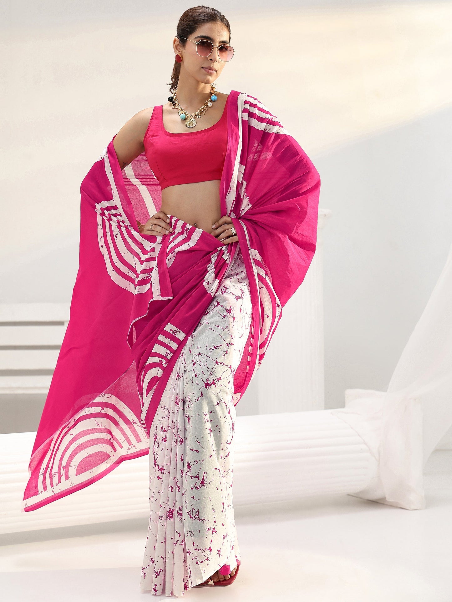 Libas Pink Abstract Batik Printed Cotton Saree