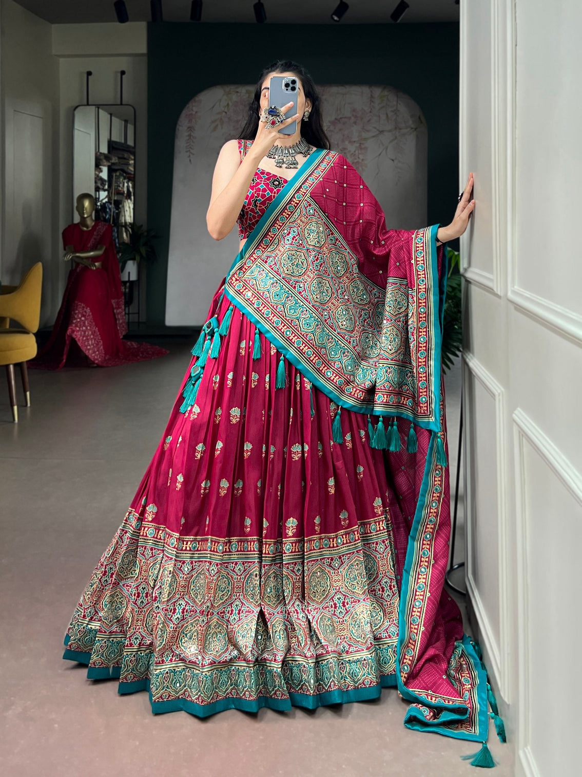 Pink Ajrak Printed Lehenga with Mirror Work