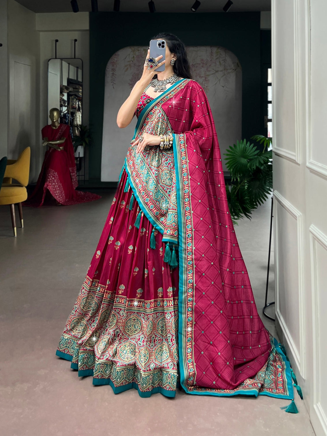 Pink Ajrak Printed Lehenga with Mirror Work