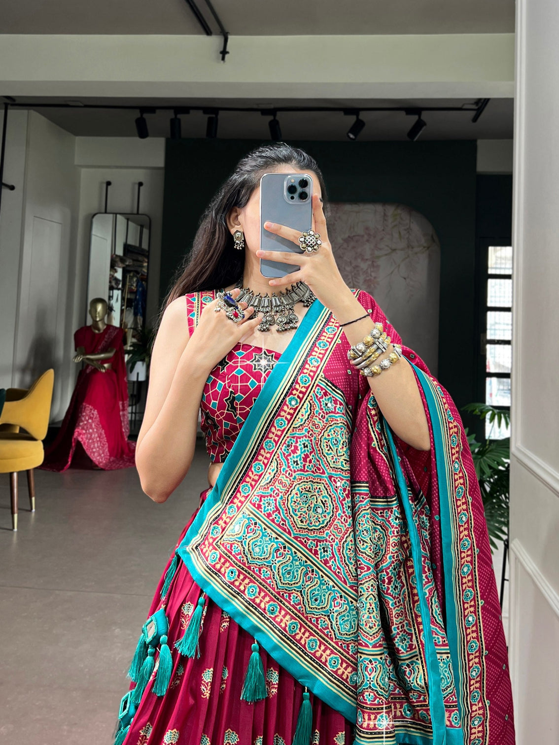 Pink Ajrak Printed Lehenga with Mirror Work