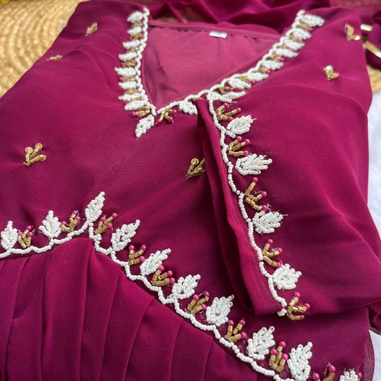 Pink Alia Cut Lights Fox Georgette Party Wear Gown Set with Golden Gotta Lace