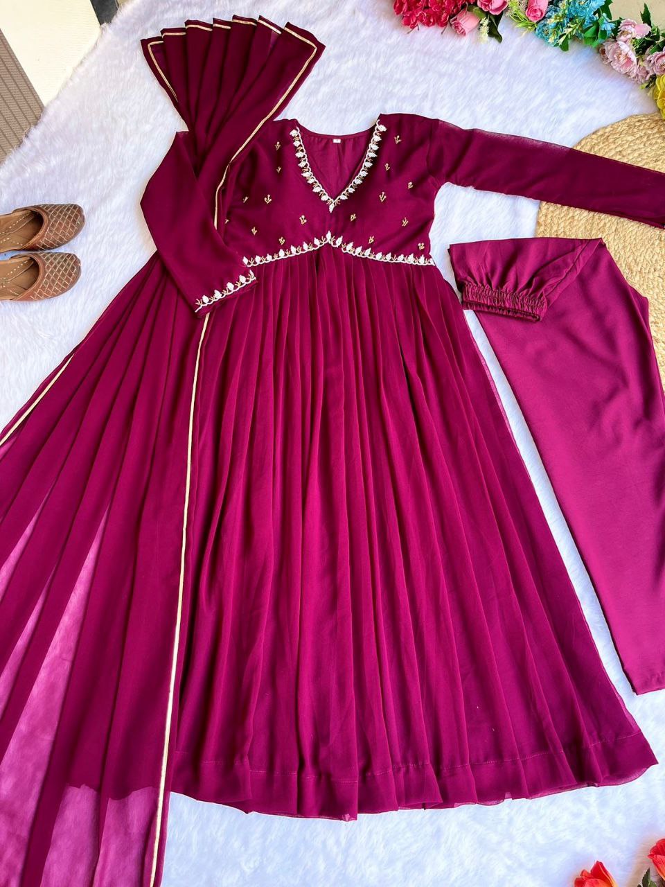 Pink Alia Cut Lights Fox Georgette Party Wear Gown Set with Golden Gotta Lace