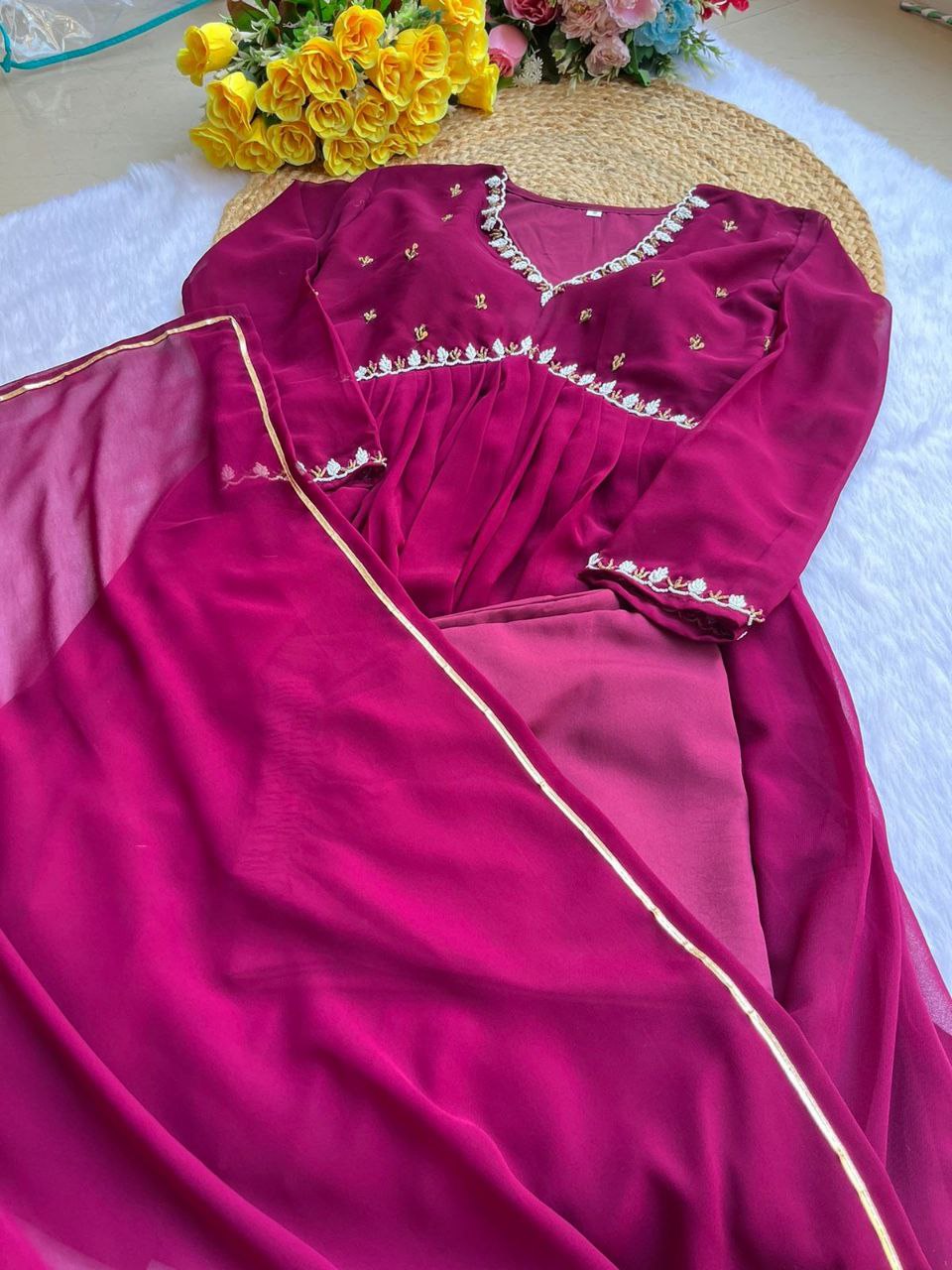 Pink Alia Cut Lights Fox Georgette Party Wear Gown Set with Golden Gotta Lace