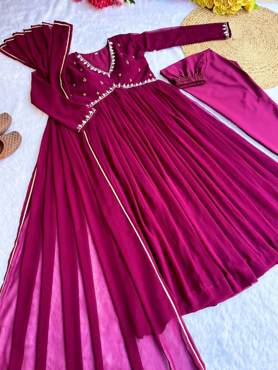 Pink Alia Cut Lights Fox Georgette Party Wear Gown Set with Golden Gotta Lace