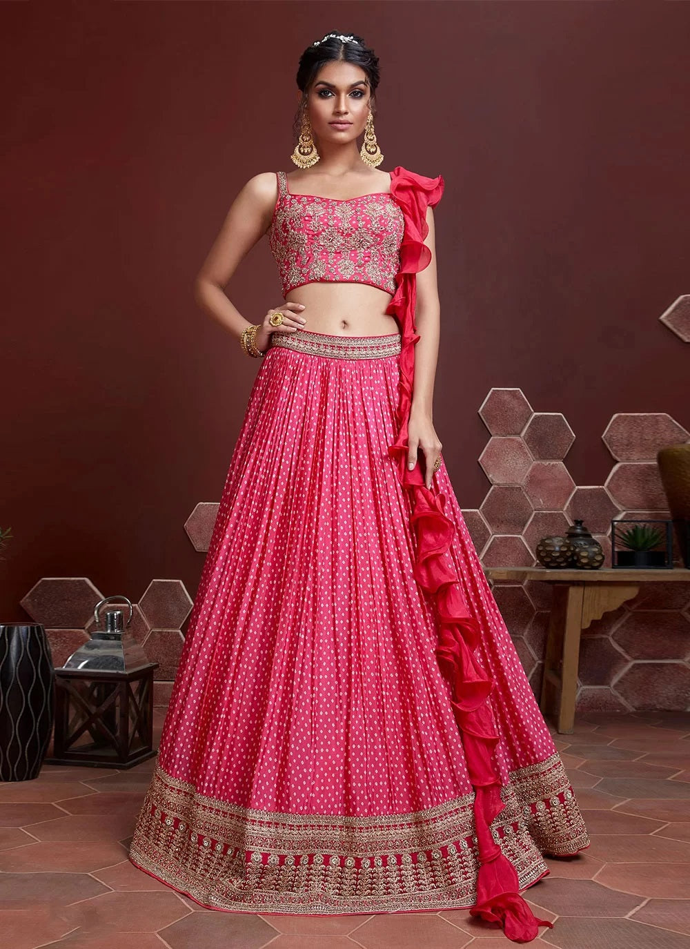 Pink and gold embroidered lehenga choli set with threadwork dupatta