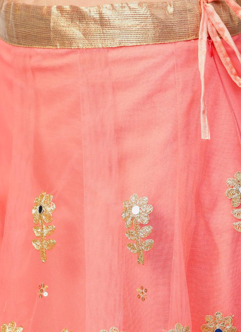 Pink And Mint Mirror Work Net Base Lehenga Choli Set