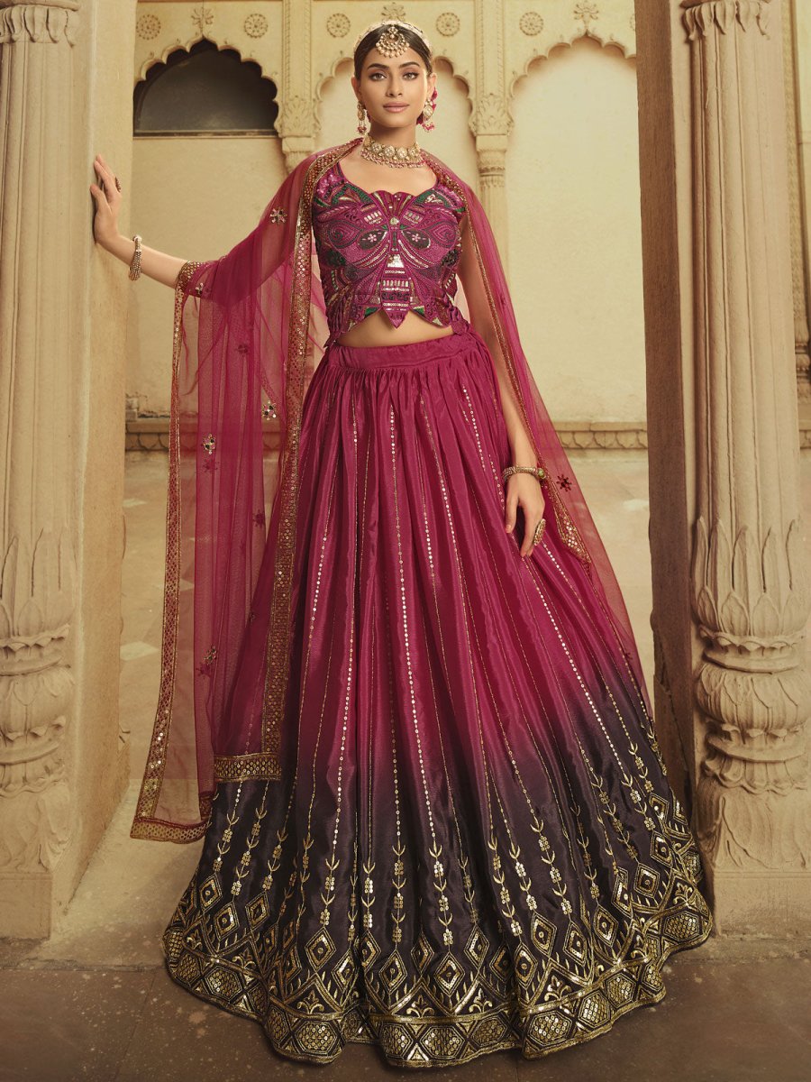 Pink and Purple Silk Embroidered Lehenga Choli